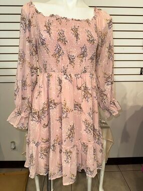 Promesa Pink Floral Smocked Bodice Long Sleeve Dress